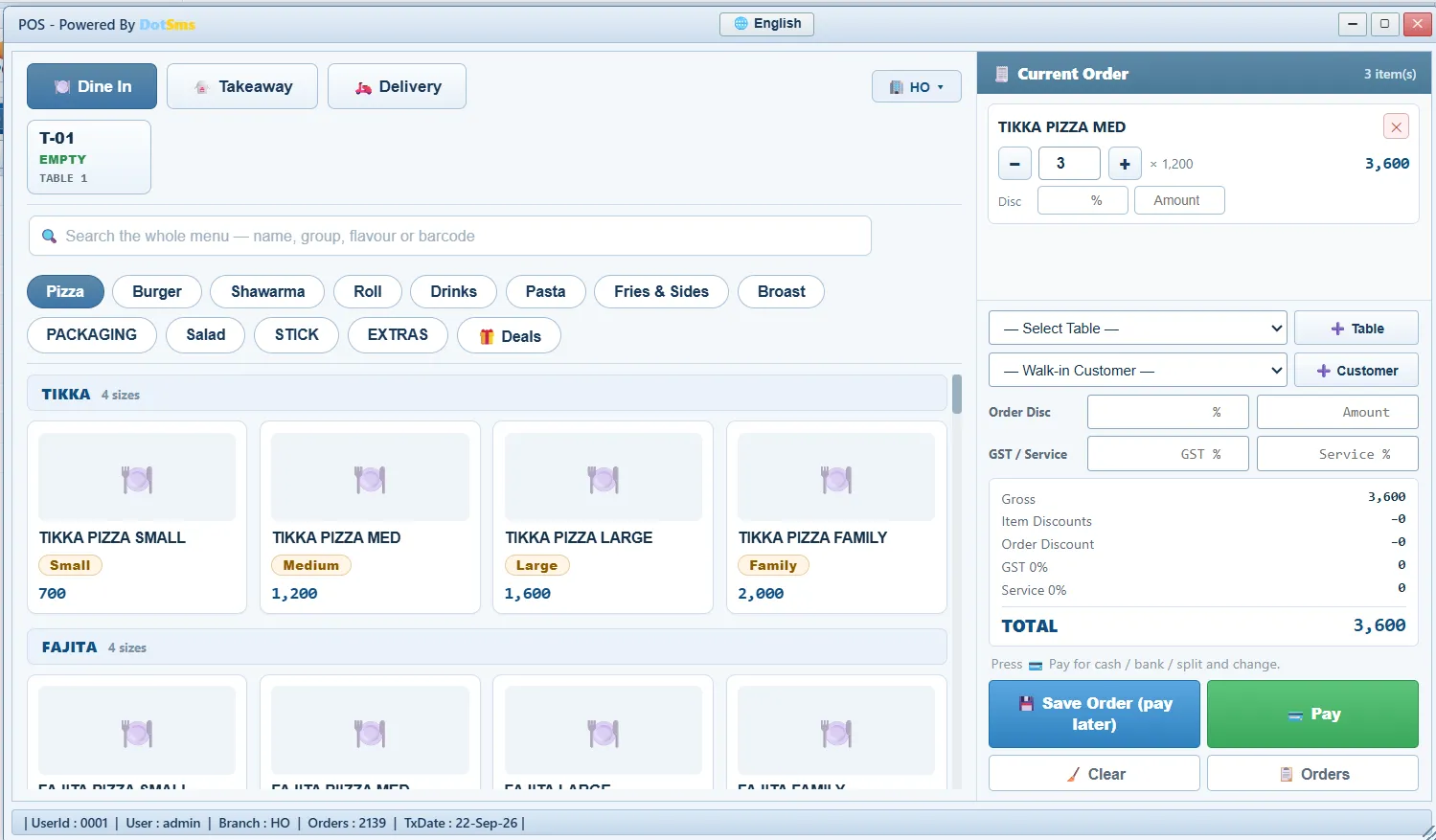 POS screen in Dot Sms Business One