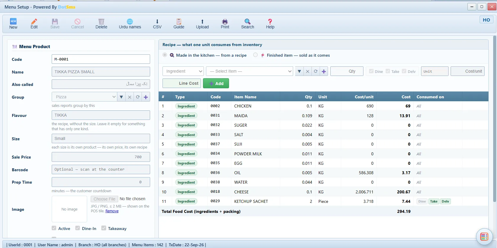Menu Setup screen in Dot Sms Business One