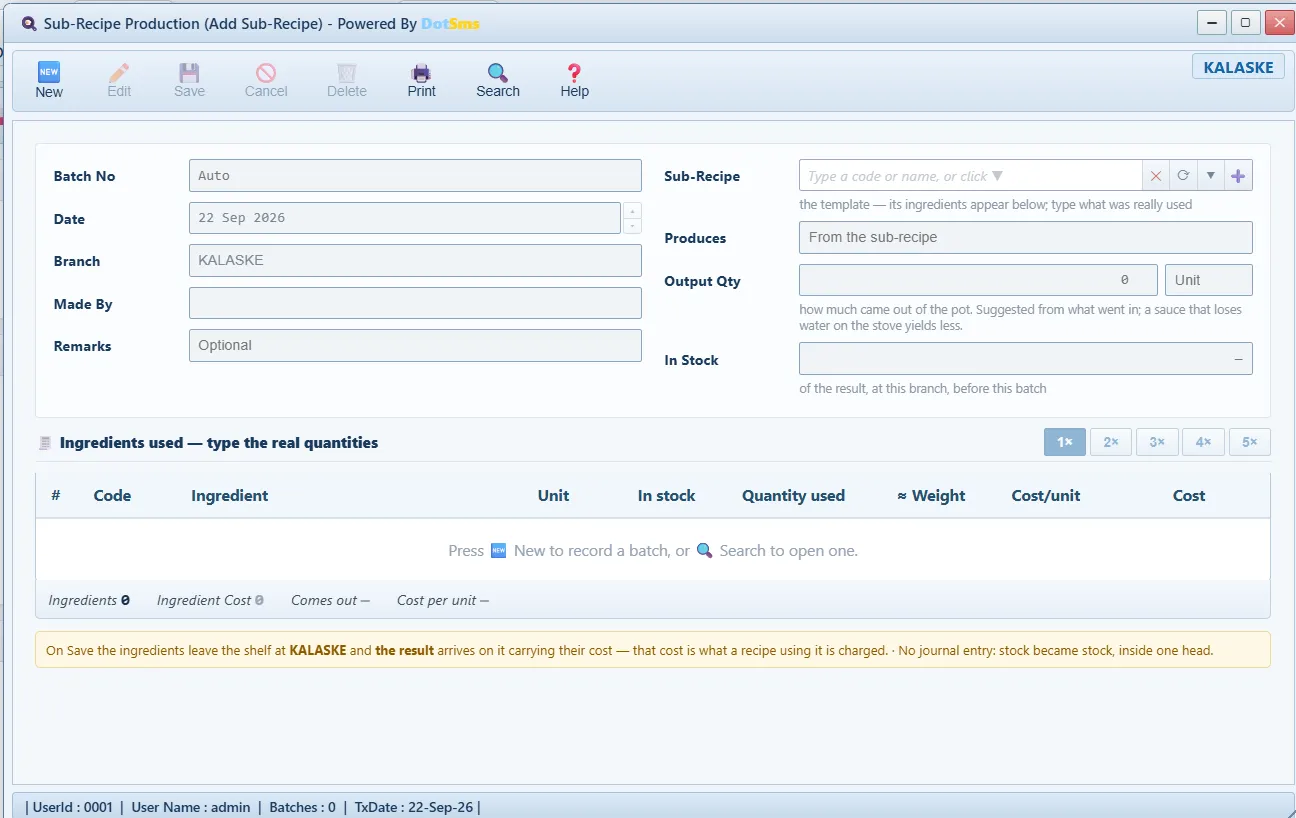 Sub-Recipe Production screen in Dot Sms Business One