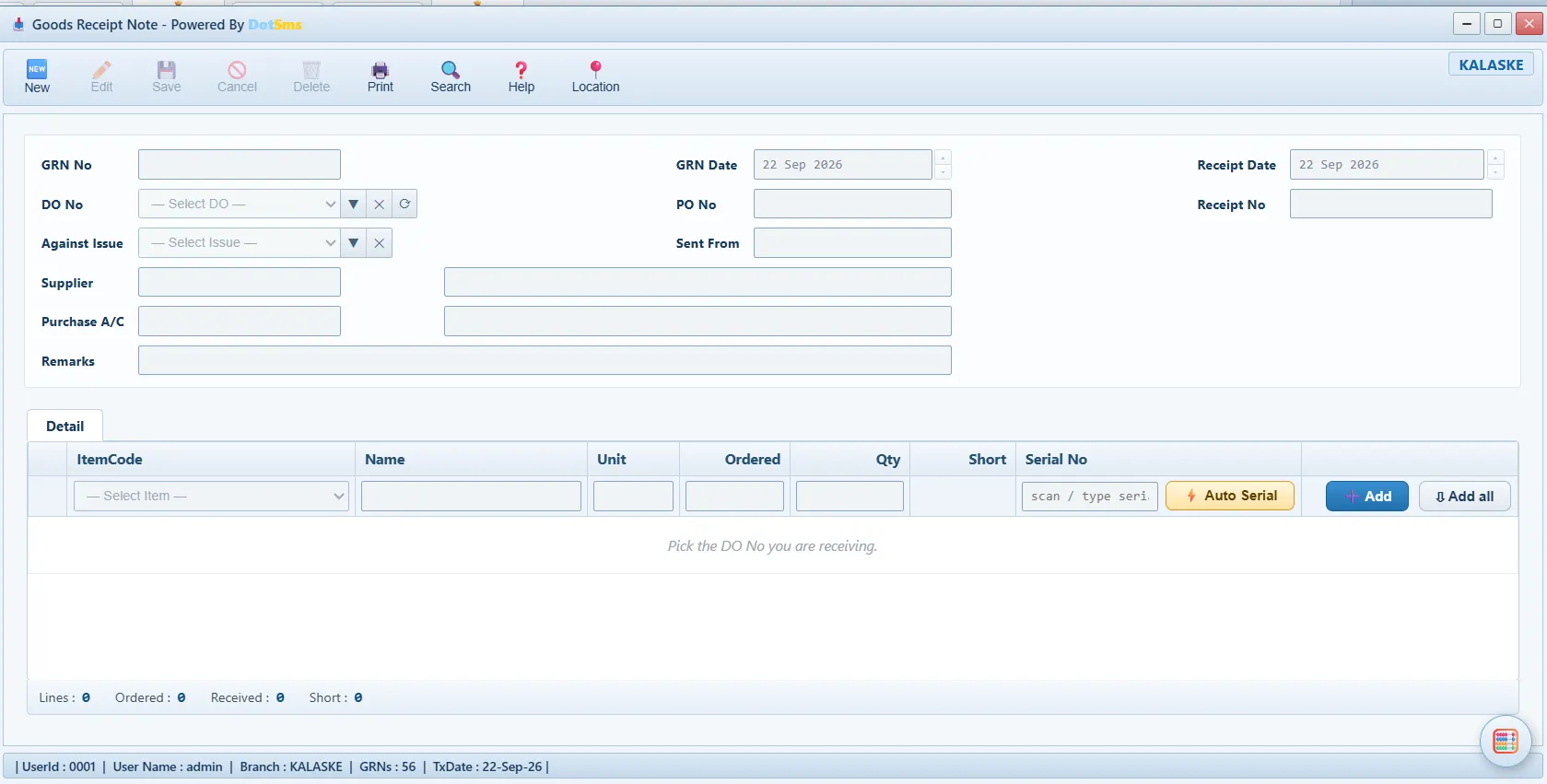 Goods Receipt Note screen in Dot Sms Business One