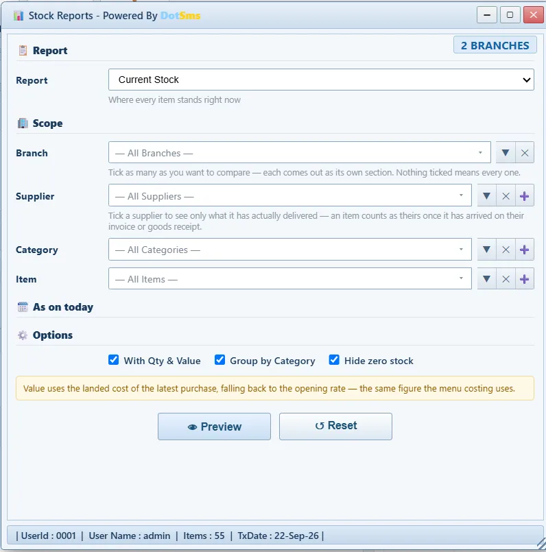 Stock Reports — valuation screen in Dot Sms Business One