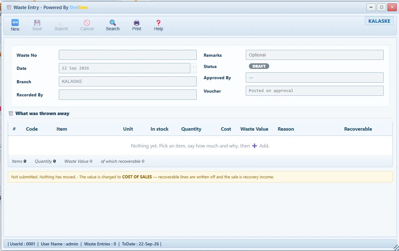 Waste Entry screen in Dot Sms Business One