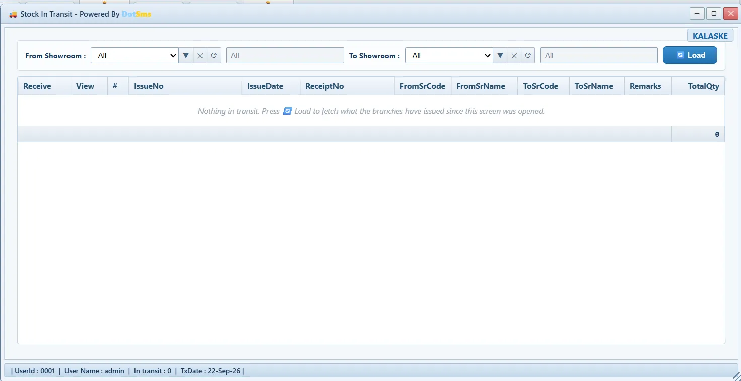 Stock Issue / Stock In Transit screen in Dot Sms Business One