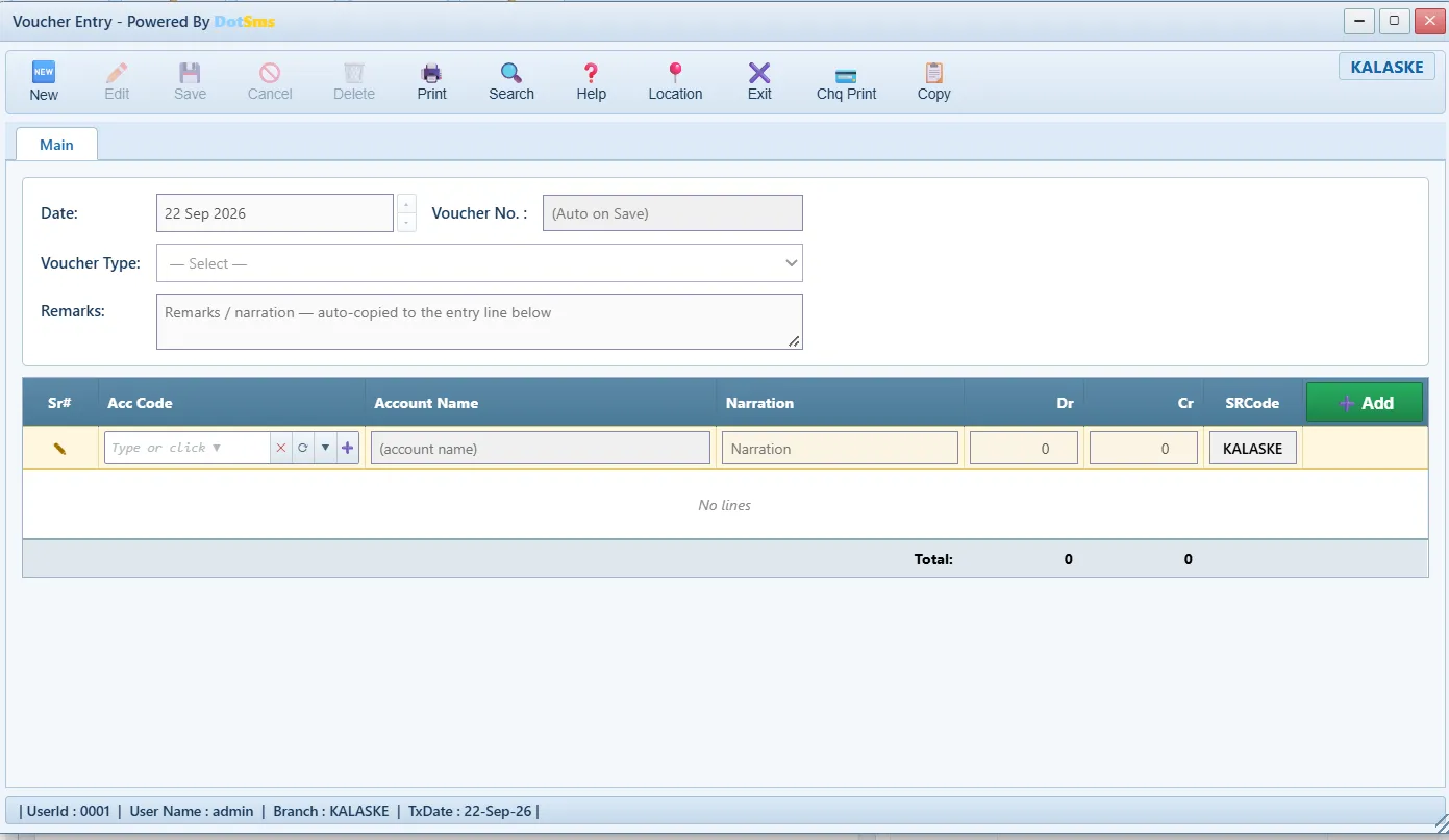 Voucher Entry screen in Dot Sms Business One