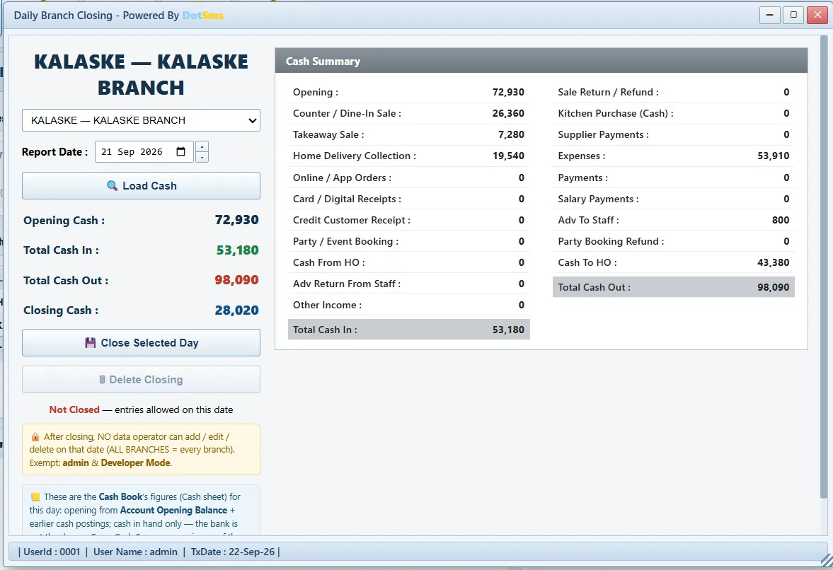 Daily Branch Closing screen in Dot Sms Business One