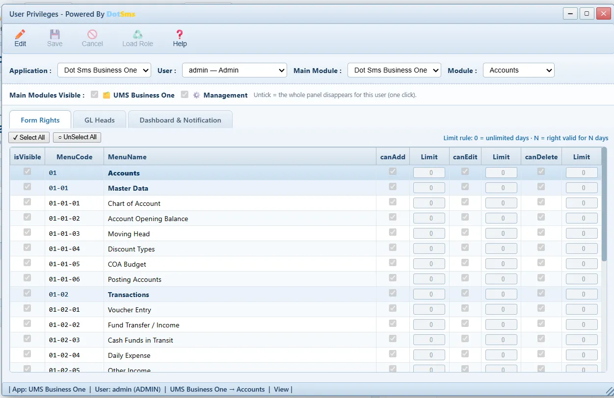 User Privileges screen in Dot Sms Business One