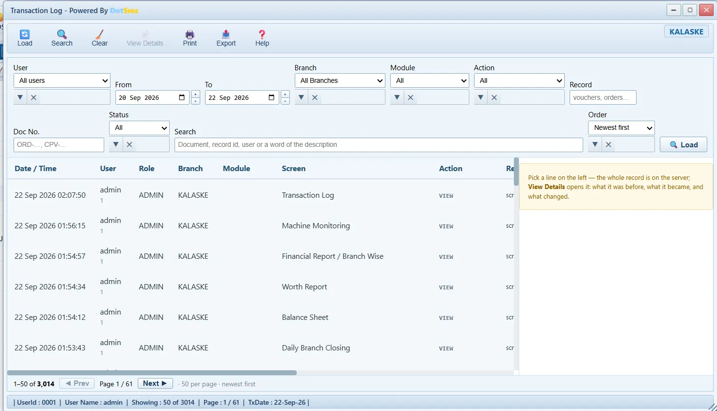 Transaction Log screen in Dot Sms Business One